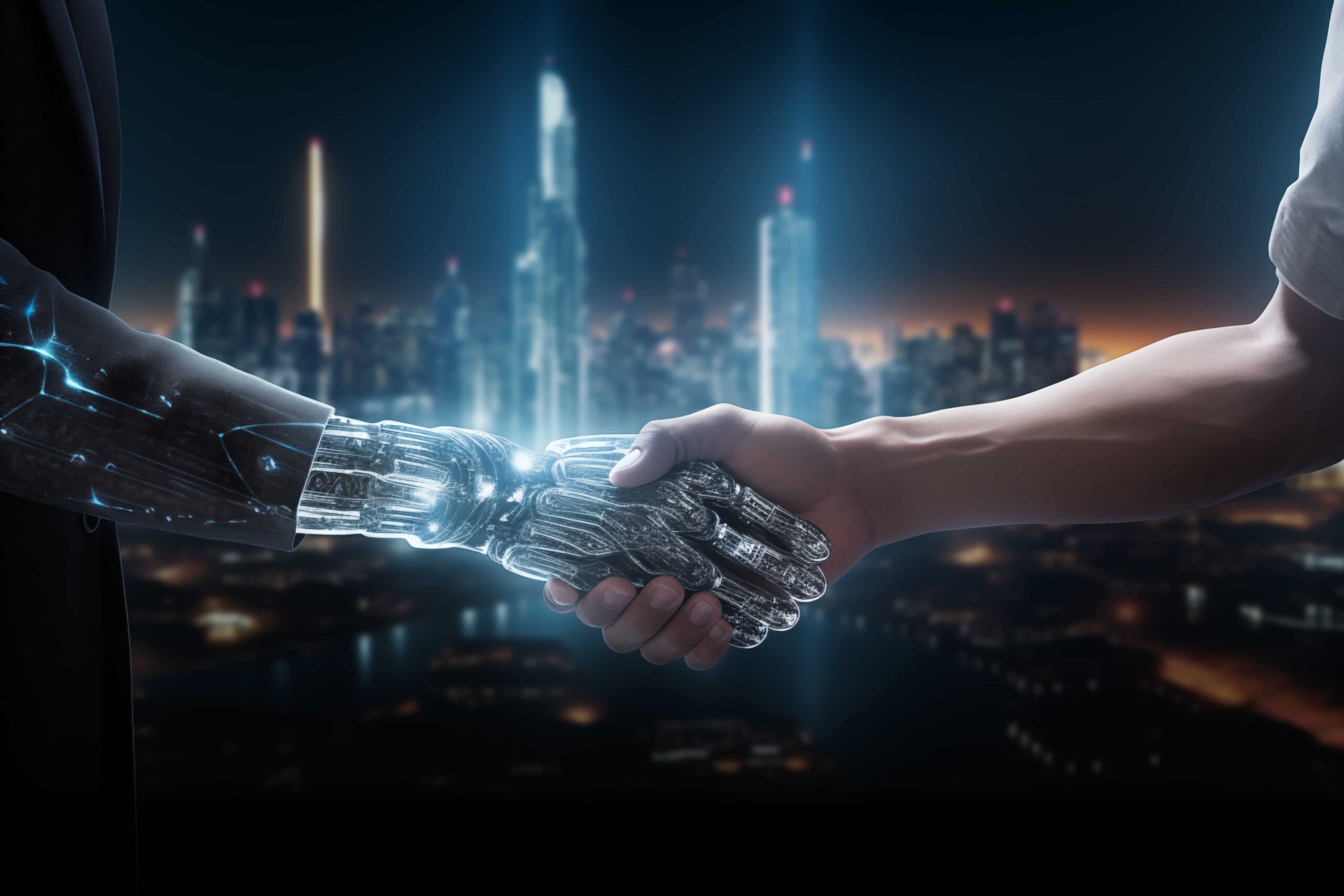 Human and Robot hands in handshake on futuristic background.